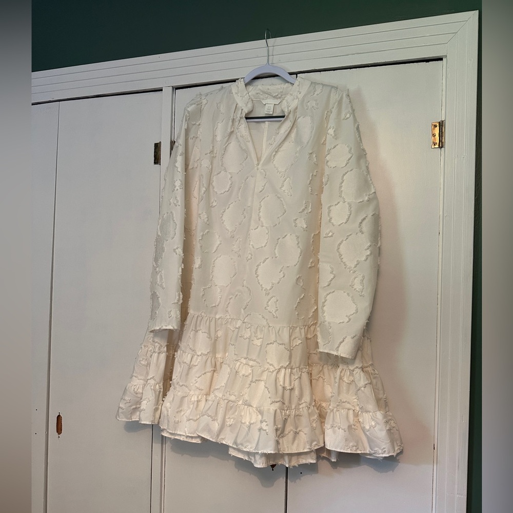NWT H&M Conscious Blogger Favorite Cream Jacquard-Weave A-Line Puff Sleeve Dress